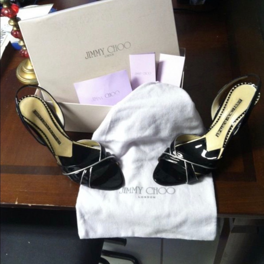 Jimmy Choo "071Metra" Patent Black Leather Heels